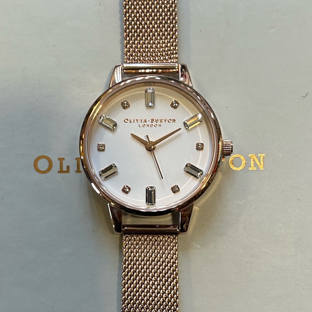 Olivia Burton Bejeweled Watch With 30mm White Face & RoseGold MeshBracelet - Picture 2 of 6